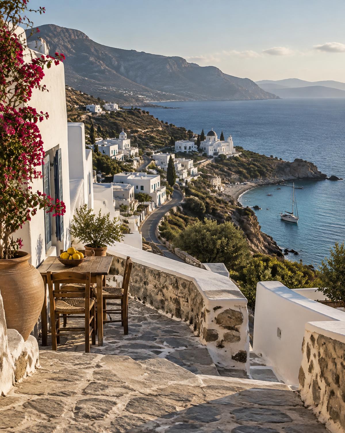Whitewashed coastal village overlooking a deep blue Mediterranean bay